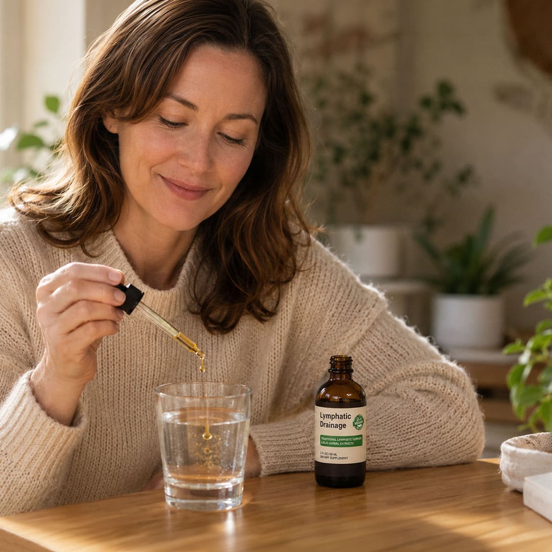Adding one daily Lumivyx dropper to a glass of water.