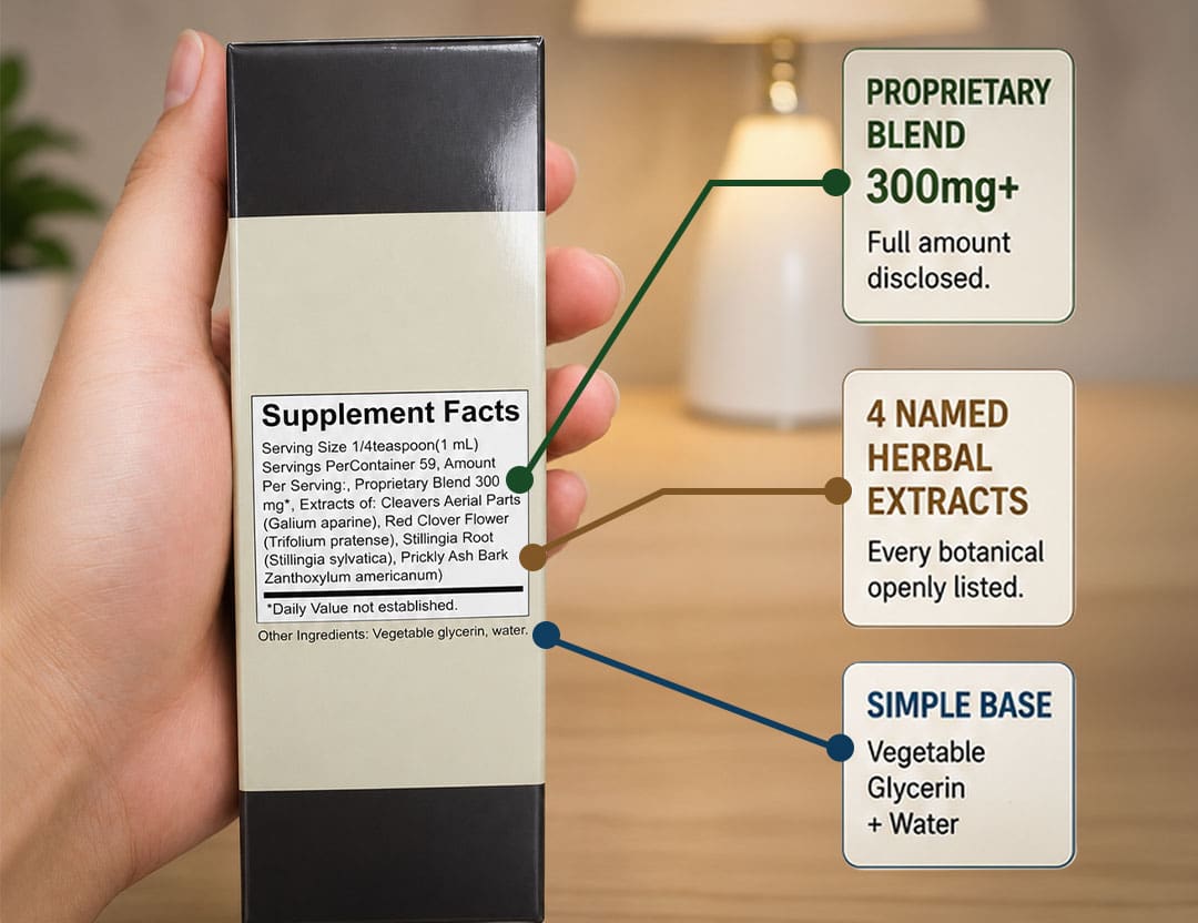 Lumivyx supplement facts panel showing the disclosed 300mg four-herb blend