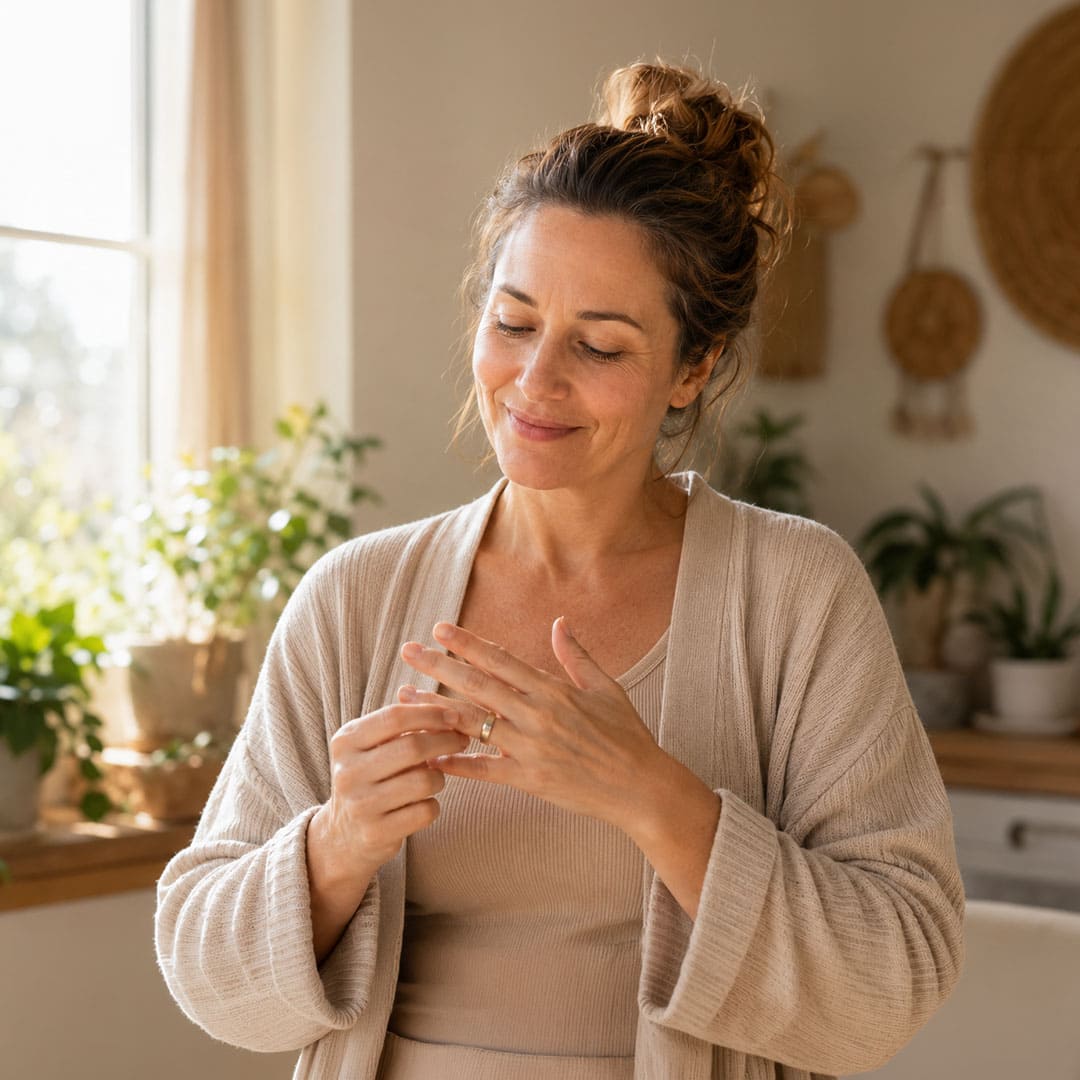 Woman feeling lighter, comfortable, and more like herself after daily lymphatic support.