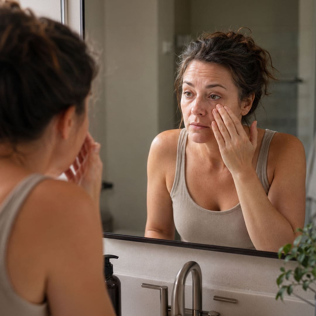 Woman noticing morning puffiness in the mirror before her daily routine.