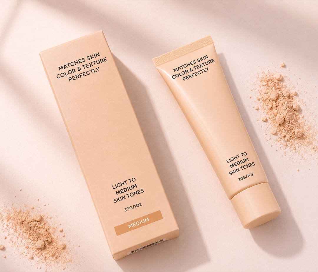 Lumi foundation packaging and tube on a styled flat lay