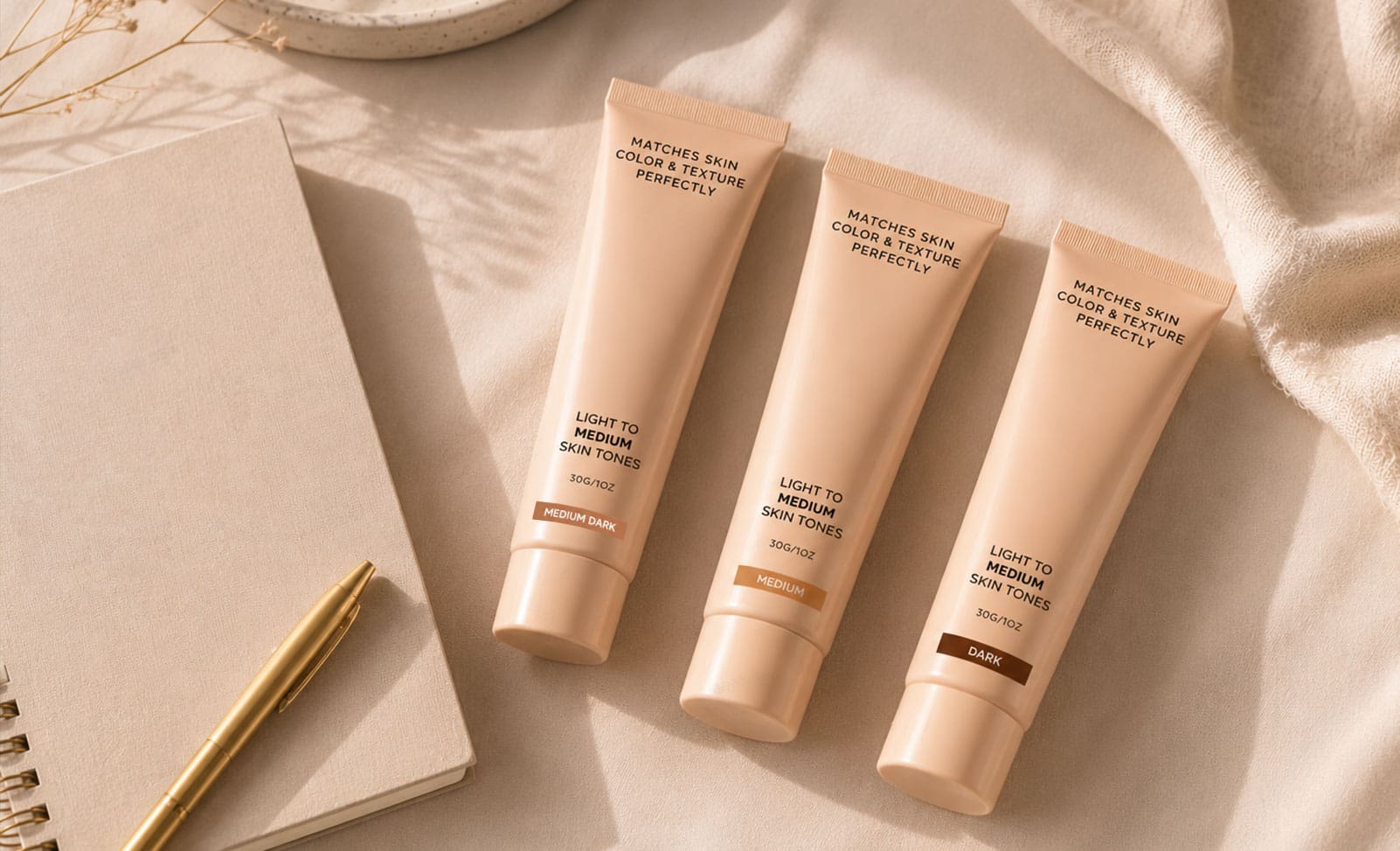 Three Lumi foundation tubes on a styled flat lay
