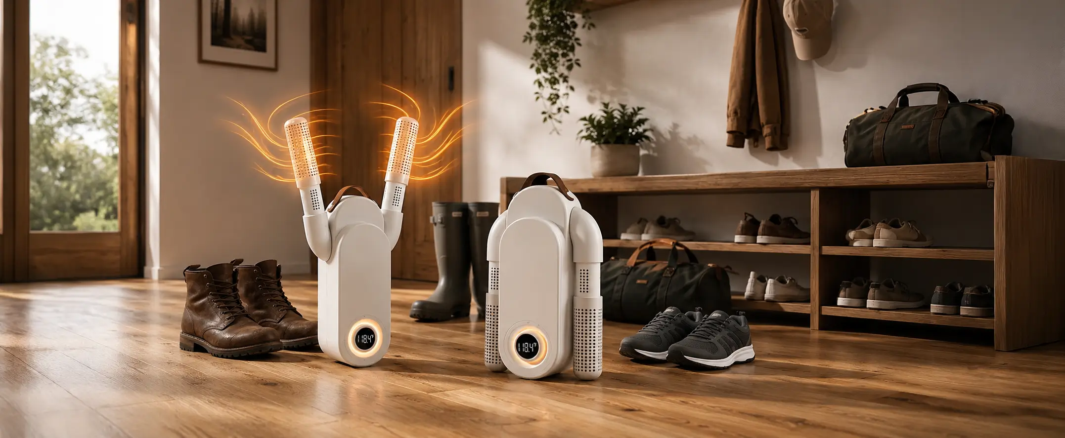 DryCore 360 dryer in an entryway with boots and shoes