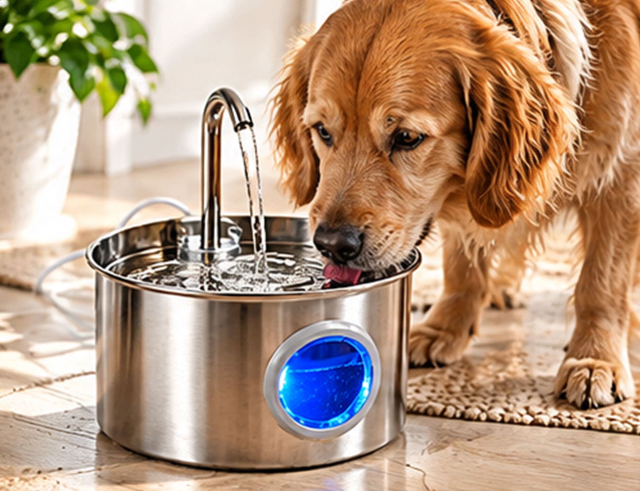 Dog exploring the fountain