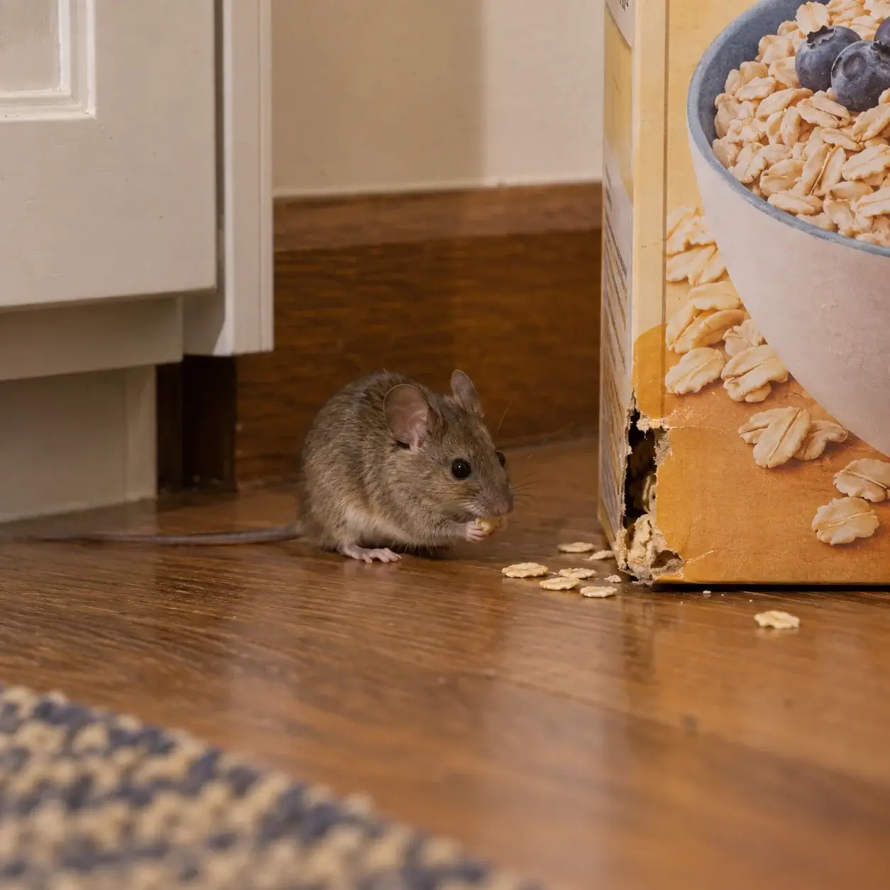 A mouse beside chewed food packaging in a pantry